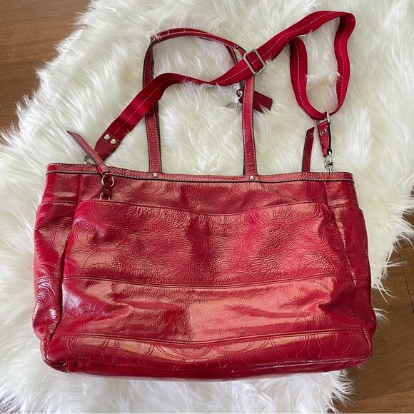 Coach Women Signature C Embossed Garnet Red Patent Leather Diaper Bag Tote Large - Picture 4 of 10